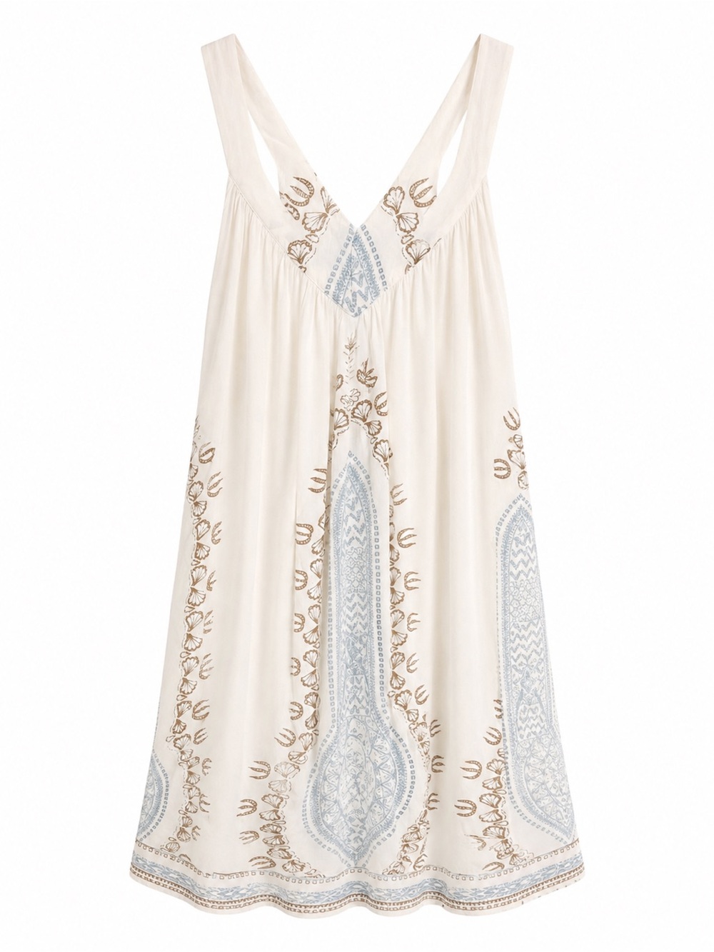 Boho Cream Sun Dress with Light Blue & Tan Embroidery